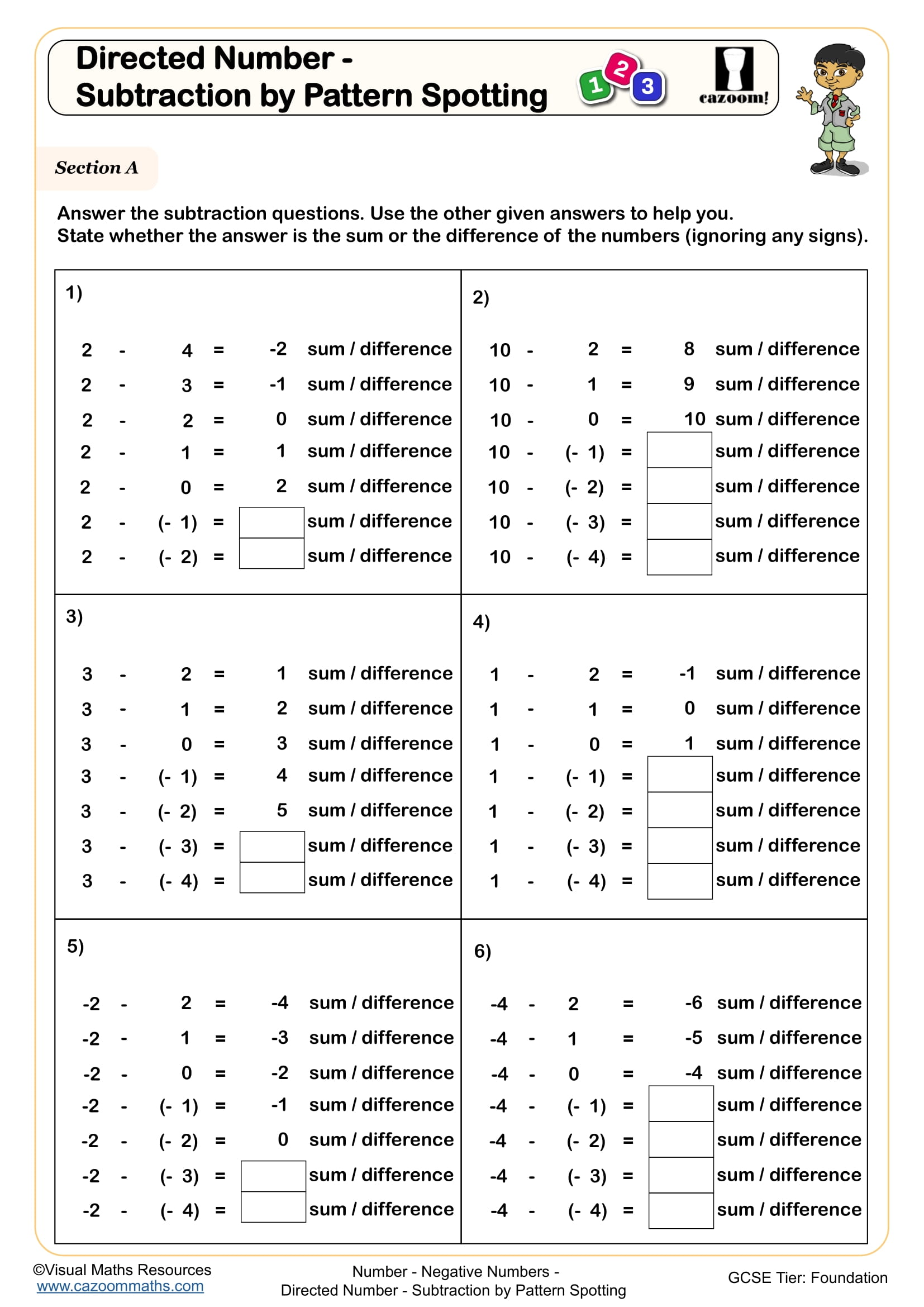 Preview of Directed Number – Subtraction by Pattern Spotting